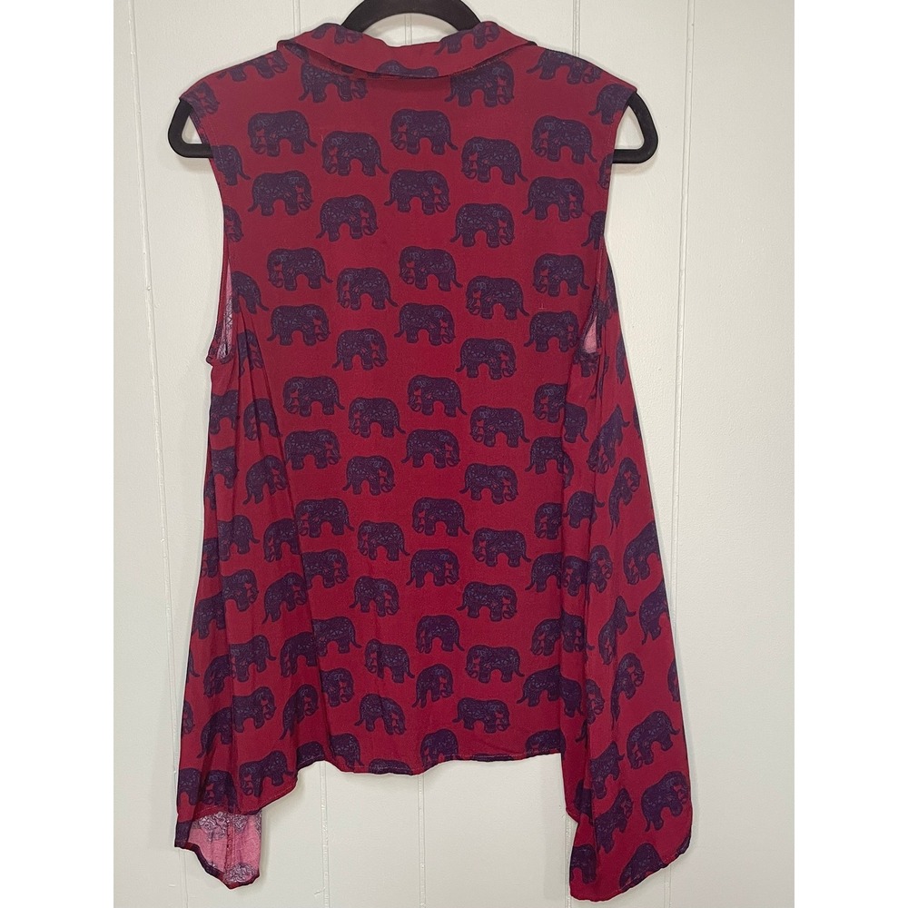 ModCloth 1X Burgundy Elephant‎ Print Cold Shoulder Collared Button Up Blouse Top - Picture 2 of 4